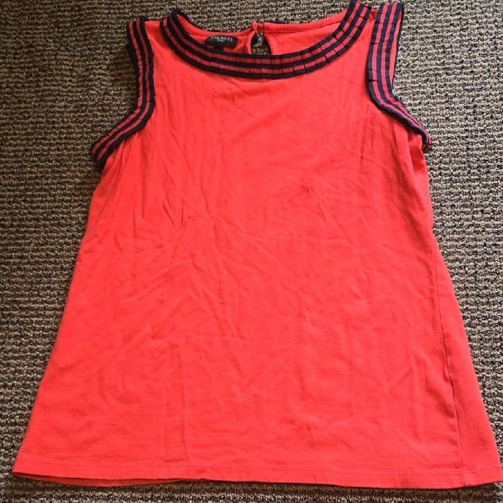 Talbots Petites Red Tank Top with Ruffle Navy Ribbon Trim💫